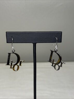 Christian Dior Dior Logo Dangle Earrings Silver Tone Pierced Hook Y2K